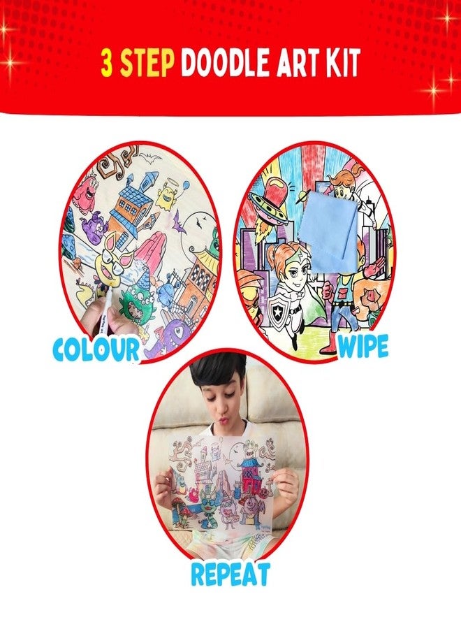 PepPlay Recolourables Doodle Mats - Super Power | 2 Coloring mat, 6 Quick-Dry, Smudge-Free Markers, Mess-Free, Reusable Travel Art Kit for Kids Ages 3, 4, 5, 6, 7 | Superhero Gift for Boys & Girls - Image 5